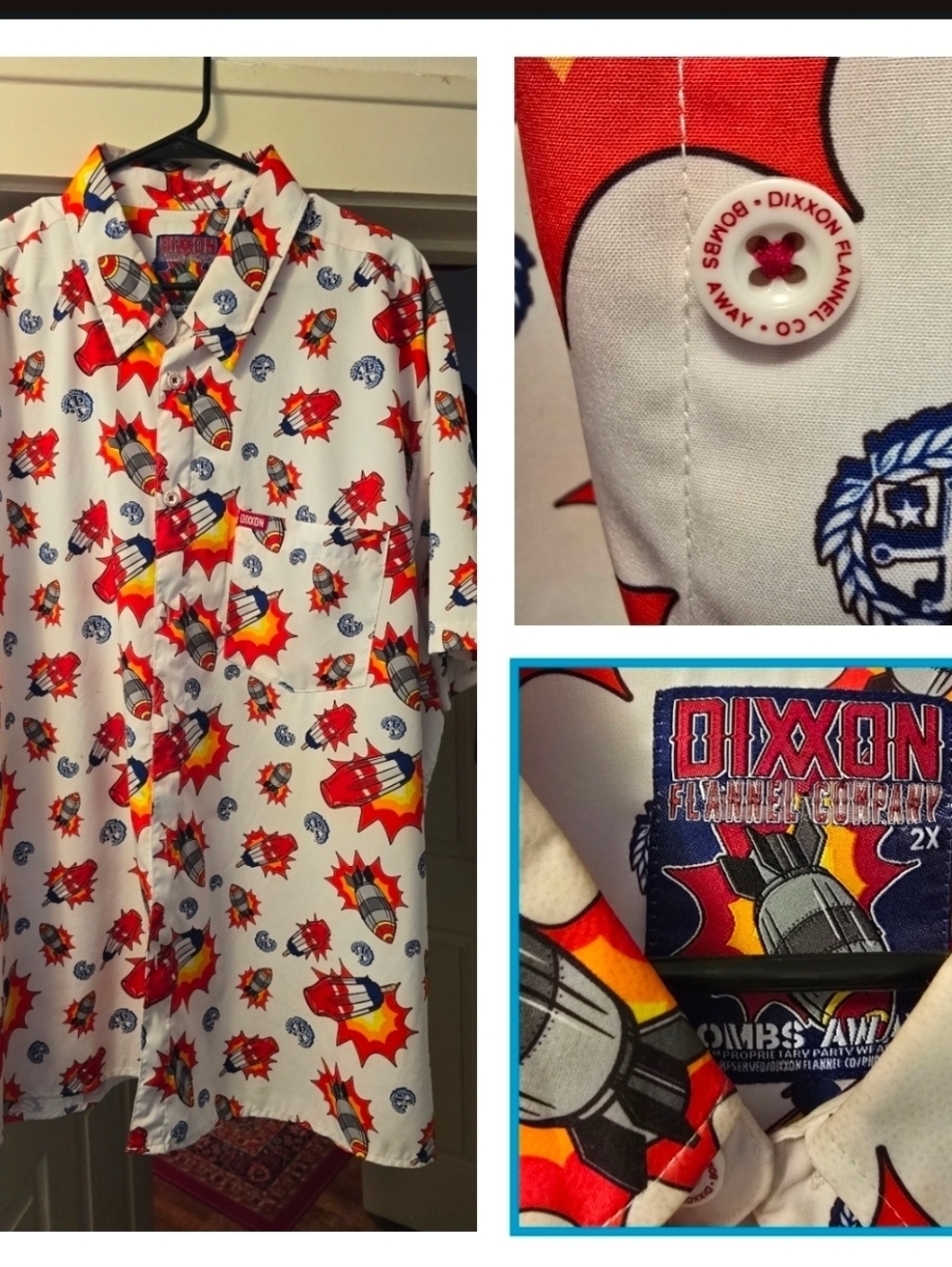 DIXXON Bombs Away White Short-Sleeve Button Shirt with Red & Blue Comic Print